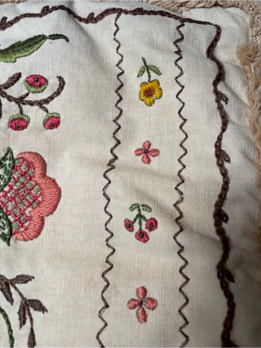 Vintage Crewel Embroidered Small Pillow Case 13X13 Fringe Square Home Decor